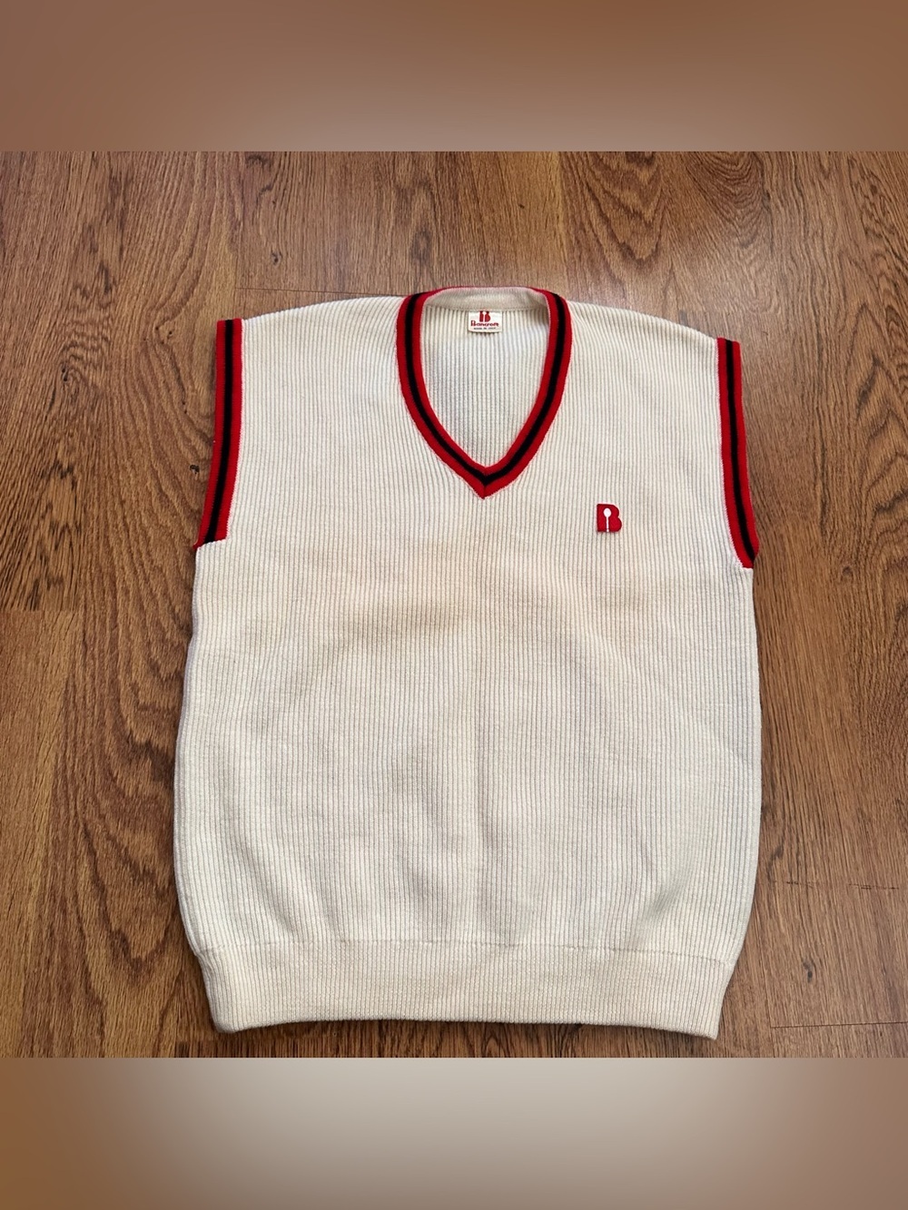 Vintage Bancroft Cream Red Knit V-Neck Sweater Vest retro S/M virgin wool